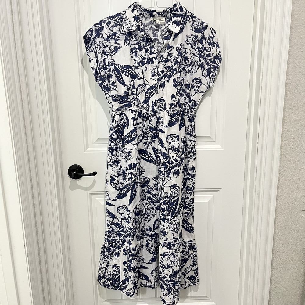 Lapogee Linen Blend Blue Floral Midi Dress Womens Large beach Coastal cottage